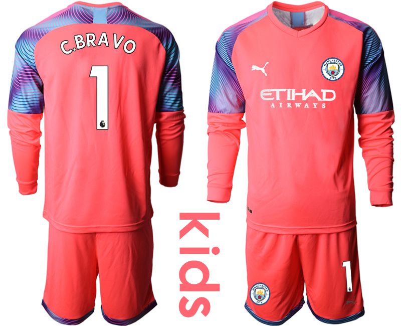 Youth 2019-2020 club Manchester City pink goalkeeper long sleeve #1 Soccer Jerseys